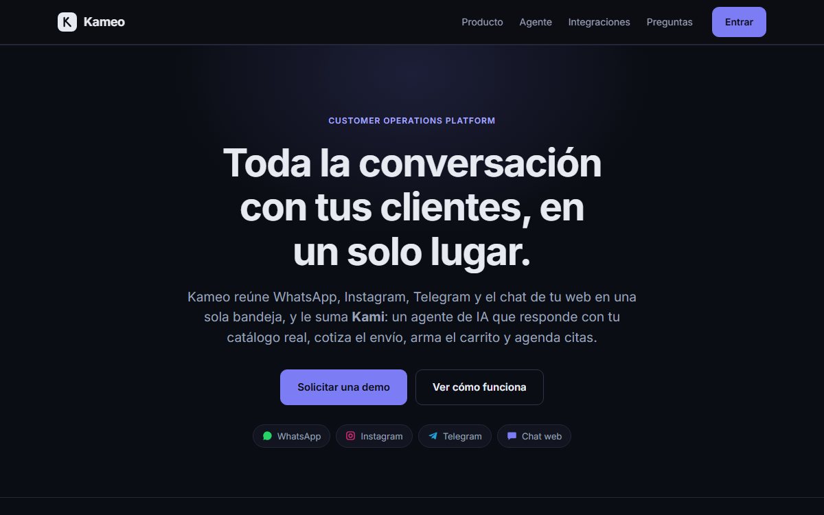 Kameo: bandeja omnicanal con agente de IA funcionando en kameo.lat
